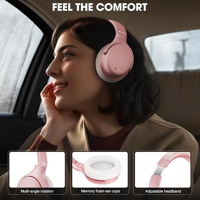 INFURTURE H1 Plus Doubly Fed Hybrid Active Noise Cancelling Headphones with EQ Mode，Wireless Over Ear Bluetooth Headphones with 4 Microphone, 90H Playtime,Lightweight for Home Travel Office(Pink)