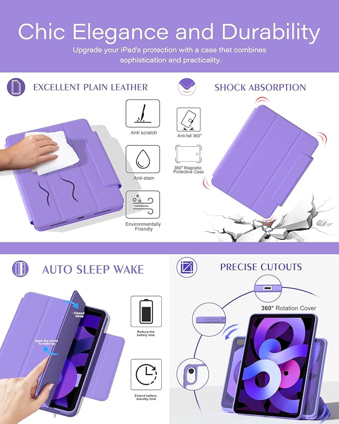 ZENLU iPad Air 10.9/11 inch Case with Removable Magnetic Folio Cover, Premium PU Leather, Multiple Angles Stand, Pencil Slot Charging Support, Full Protective Case for iPad Air 7 6 5 4 Gen (Purple)