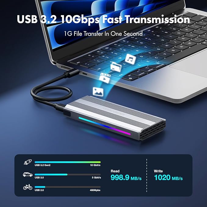 GRAUGEAR M.2 NVMe SSD Enclosure, 10Gbps USB3.2 Gen2 Tool-Free Aluminum External M2 Solid State Drive RGB Enclosure USB C, RTL9210 External Case for PCIe NVMe M-Key B+M Key [G-M901-AC-10G]