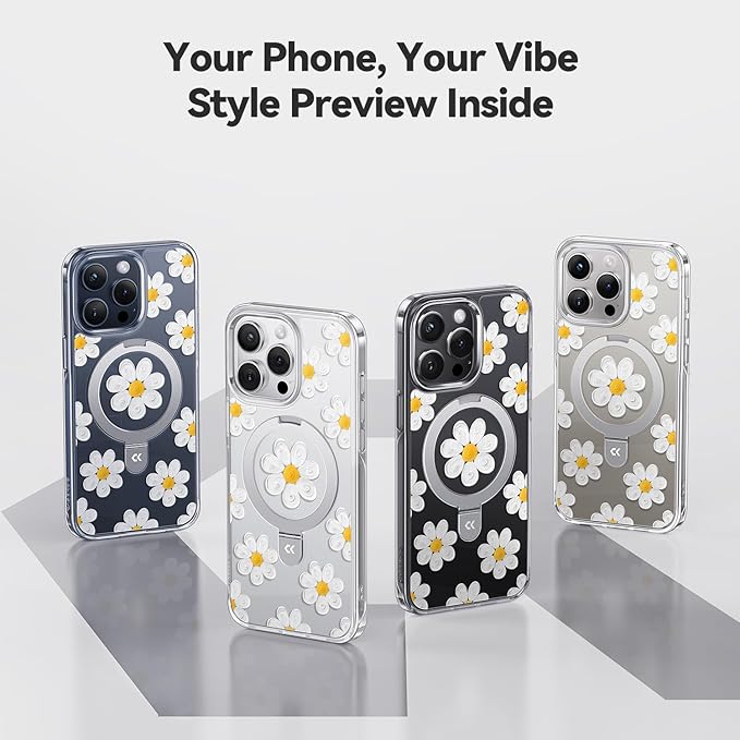 CASEKOO Floral Series Oil Painting Daisy for iPhone 15 Pro Case with Magnetic Ring Stand [Compatible with MagSafe] [Military-Grade Protection] Fashion Clear Back, Soft Edge, for Women