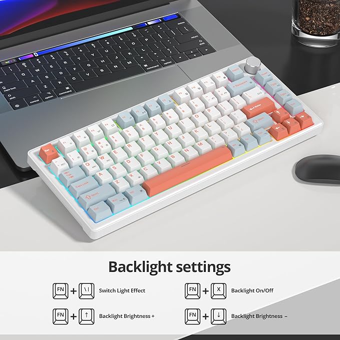 75% White Blue Creamy Mechanical Keyboard Wired, Creamy Sound Gasket Gaming Thocky Keyboard with Knob, Hot Swappable RGB Custom Keyboard, Pre-lubed Cream Switch Keyboard (82 Light Blue)