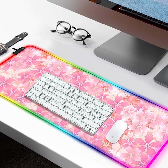 RGB Japanese Cherry Blossom Gaming Desk Mat, Computer Keyboard Large Extended Flowers LED Mouse Pad for Office and Home, 31.5×11.8 Inches, XL, Pink