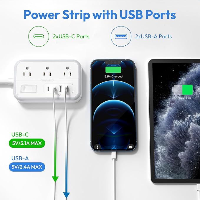 Surge Protector Power Strip with 6 Outlets 4 USB Port, 5 Ft Flat Plug Extension Cord Outlet Extender, White Extension Cord with Multiple Outlets for Indoor, Home, Office Supplies, Dorm Room Essentials