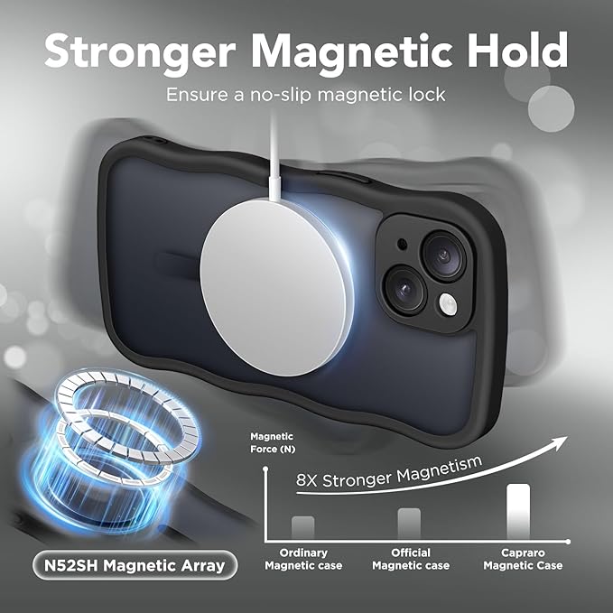 CAPRARO Cute for iPhone 15 Case, Compatible with MagSafe, [Curly Wave Edge] [Full Camera Protection] [14 FT Drop Protection] Magnetic Phone Case for 15 6.1 Inch, Black