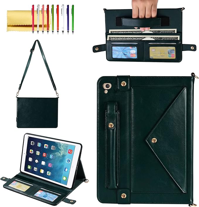 Handbag Case for 9.7-inch iPad 2018 2017 (iPad 5th/6th Generation), iPad Air/Air 2 Case, Techcircle Folio Stand PU Leather Crossbody iPad Cover with Hand Strap, Pen Holder Wallet Case, Midnight Green