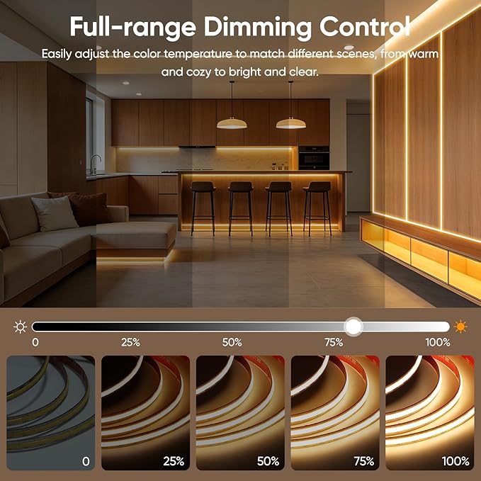 V4light COB LED Strip Light, Cool White (5000K), 12V Tape Light, CRI 95+, 3W/FT High Density, Dotless, Cuttable, UL Listed, Gold-Plated PCB for Bedroom, Kitchen, Cabinets (No Power Supply)