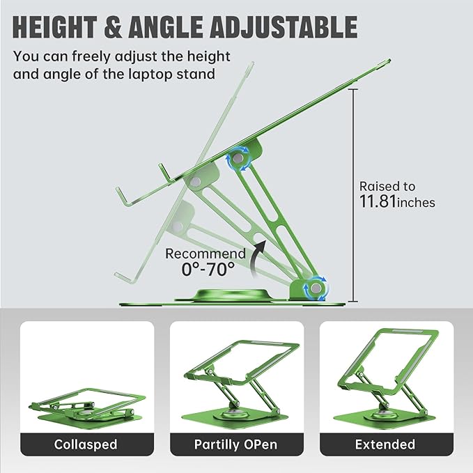 JOYEKY Laptop Stand for Desk, Adjustable Computer Stand with 360° Rotating Base, Ergonomic Laptop Riser for Collaborative Work, Foldable & Portable Laptop Stand, fits for All 10-16" Laptops (Green)