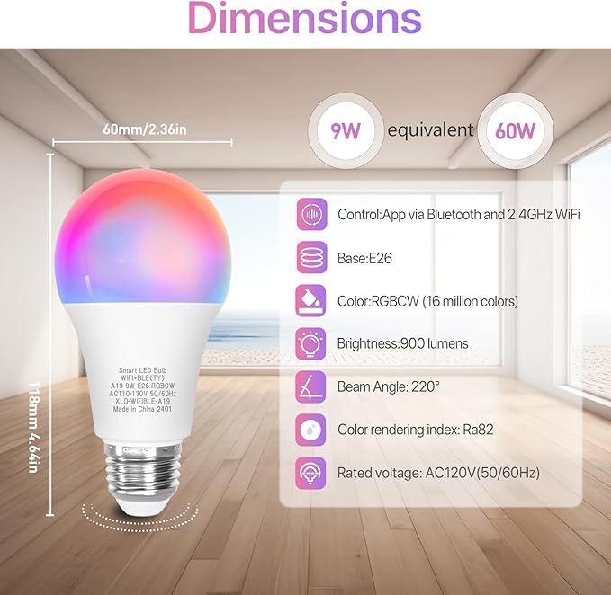 ORALUCE Smart Light Bulb Compatible with Alexa & Google Home, A19 E26 LED Light Bulb 60W Equivalent, 2.4GHz WiFi & Bluetooth Color Changing APP Dimmable, Multicolor LED Bulb 900 Lumens,4P