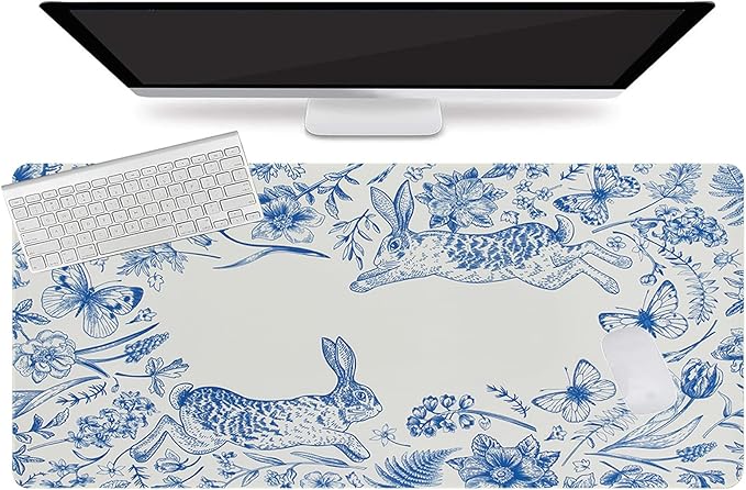 L-SPOUTTO Blue Floral Desk Mat for Keyboard and Mouse,Cute XXL Gaming Mouse Pad,Large 35.4x15.7in Non-Slip Rubber Base Keyboard Pad Waterproof Desktop Mat for Laptop Computer Work Home Office-Rabbits