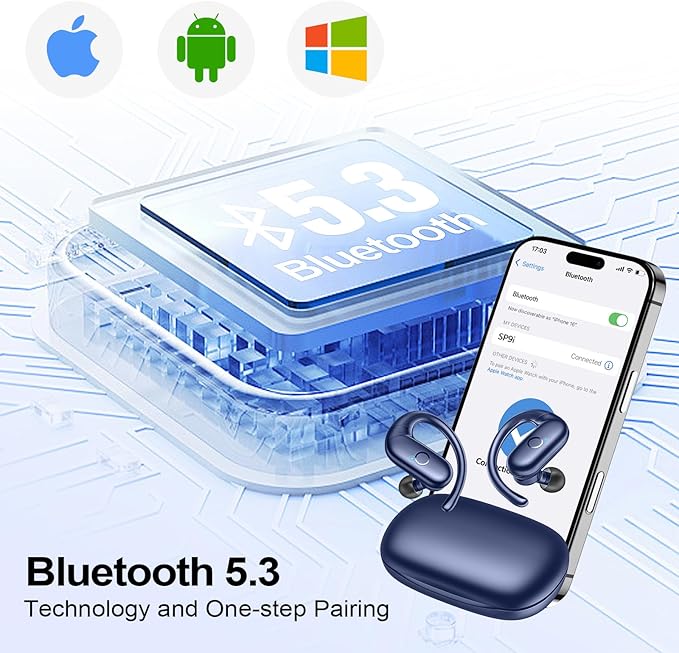 xiwxi Wireless Earbuds Bluetooth Headphones,Over Ear Buds for Sport with Deep Bass Sound,60Hrs Playtime Earphones Designed Comfort Fit with Earhooks for Running,Meeting,Workout-Blue
