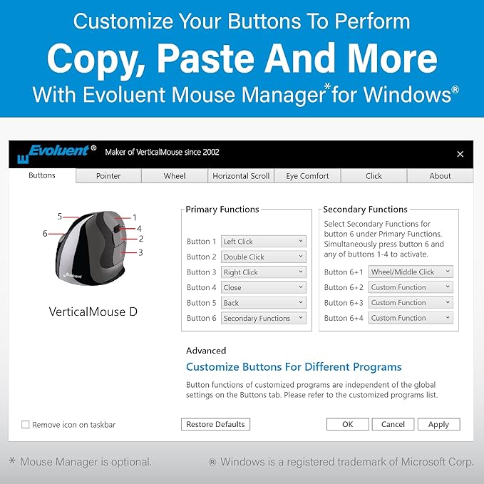 Evoluent – Inventor of the Vertical Mouse – VM4RW Ergonomic Vertical Mouse Right Hand Regular Size Wireless USB, Sculpted for Comfort, Reduces Wrist Strain, 4 Speeds, 6 Customizable Buttons in Windows