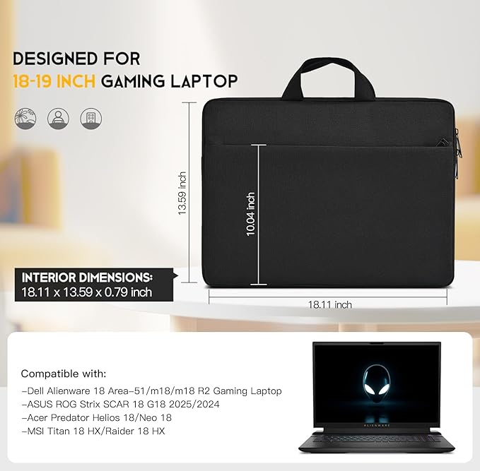 18-19 inch Gaming Laptop Case Sleeve for Dell Alienware 18 Area-51 / m18 / m18 R2, ASUS ROG Scar 18 2025 2024 / Strix G18, Predator Helios 18 / Neo 18, Padded Laptop Carrying Bag Cover w/Handle-Black
