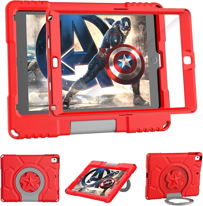 Kids Case for iPad 5th/6th Generation 9.7-inch 2017/2018 Release, Lainergie iPad Air 2 Case with Screen Protector, iPad Pro 9.7 Protective Cover Case Lightweight Shockproof with Handle Stand, Red