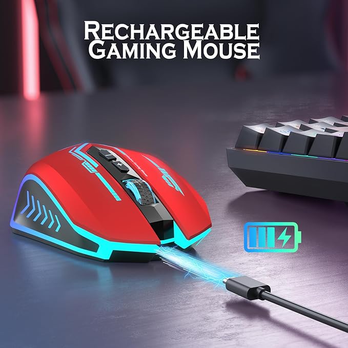 UHURU Gaming Mouse, Wireless Gaming Mouse with 7 Buttons 7 Changeable LED Color up to 12000 DPI, Rechargeable USB Gamer Mouse for PC Laptop (Red)