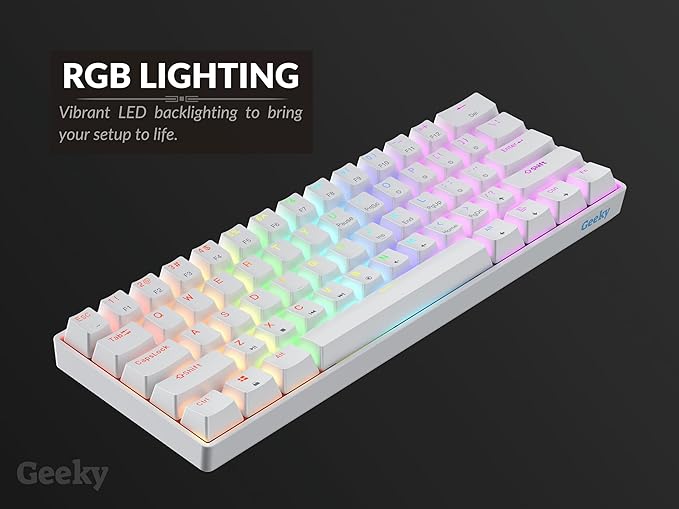 Geeky GK61 SE 60% | Mechanical Gaming Keyboard | 61 Keys Multi Color RGB LED Backlit for PC/Mac Gamer | ANSI US American Layout (White, Mechanical Black)
