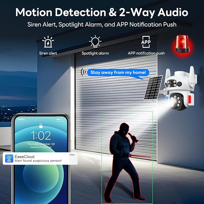 Solar Camera Outdoor Wireless, Dual Lens Security Camera for Home & Farm, Light Alarm & Color Night Vision, Outdoor Camera Two-Way Audio (1 Pack)