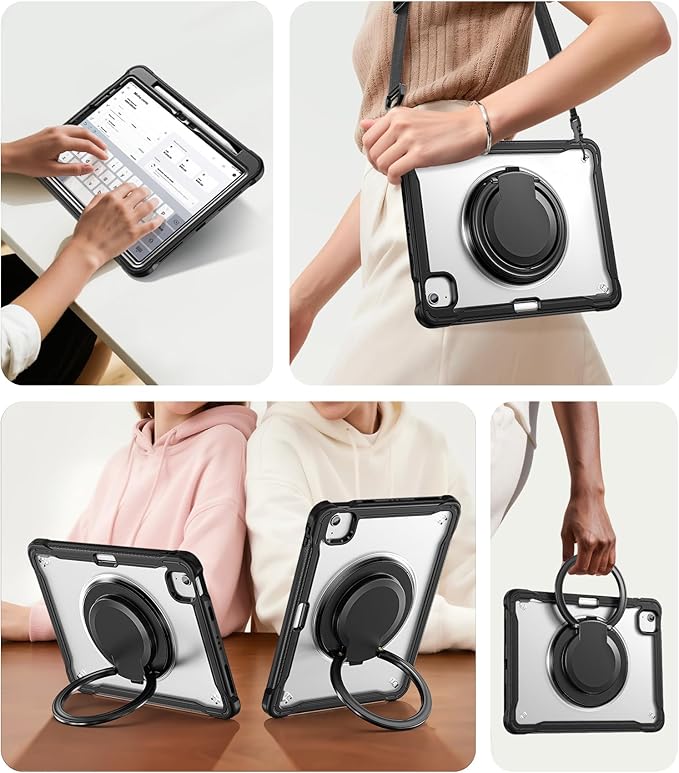 BATYUE Case for iPad Air 11-inch M4(2026)/M3(2025)/M2(2024), iPad Air 4/5 10.9" & Pro 11" 2018-2022 - Shockproof Case with 360° Rotating Stand & Handle, Pencil Holder, Shoulder Strap, Black