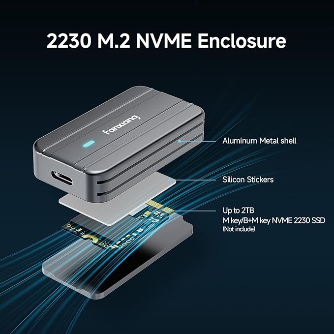 fanxiang SSD Enclosure, USB 3.2 Gen 2 (10 Gbps), M.2 NVMe PCIe to USB Adapter/Reader, Solid State Drive External Enclosure, Supports M and B&M Keys and Size 2230 SSDs, NVMe Enclosure, MP83