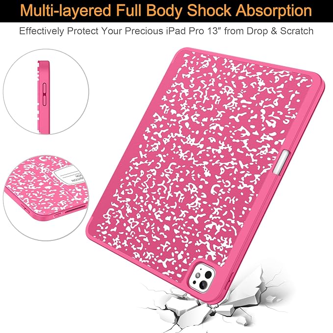 Soke Case for New iPad Pro 13 Inch (M5/M4, 2025/2024 Release), with Pencil Holder Trifold Stand Shockproof [Support Apple Pencil Charging + Auto Wake/Sleep], Soft TPU Back Cover, Book Hot Pink