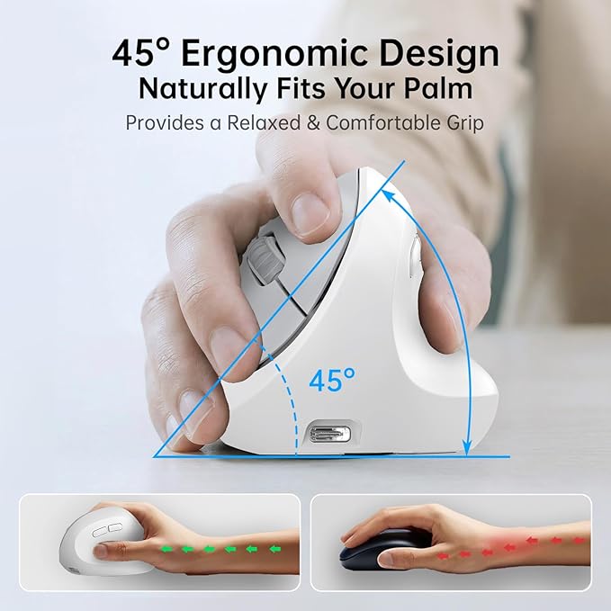 PYP Ergonomic Vertical Wireless Mouse, Bluetooth 5.2/5.0 & 2.4G Tri-Mode, Type-C Rechargeable with Power Display, 6-Level Adjustable 8,000 DPI, Lightweight Quiet Click for Laptop Mac - White