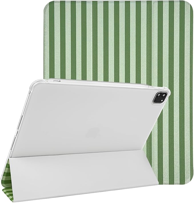Lovmooful Compatible for iPad Pro 12.9-Inch 2022/2021/2020/2018 (6th/5th/4th/3rd Generation) Case with Pencil Holder Cute Striped with Aesthetic Design Soft TPU Trifold Stand Protective-Dark Green