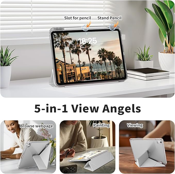 Clear Case for iPad mini 7 A17 Pro 8.3 Inch, iPad mini 7th/6th Generation Case (2024/2021),Slim Shockproof Transparent Back,Y-Shaped Mutil Angles Folding,Supports Pencil Pro&USB-C (Grey)