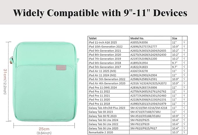 TiMOVO 9-11 Inch Tablet Sleeve Bag with Shoulder Strap for iPad 11-inch A16 2025, iPad 10th Gen. 10.9"/10.2", Galaxy Tab A9+/A11Plus 11", Mint Green
