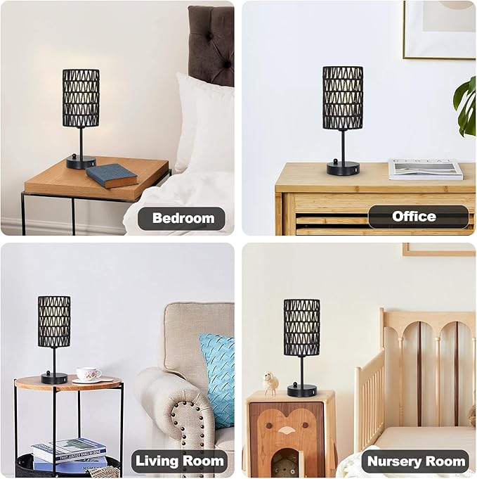 Black Bedside Lamps Set of 2, Touch Control Night Stand Lamp for Bedroom with Rattan & Linen Shade & Bulbs, 3 Way Dimmable Small Boho Table Lamps with USB Charging Port & Phone Stand