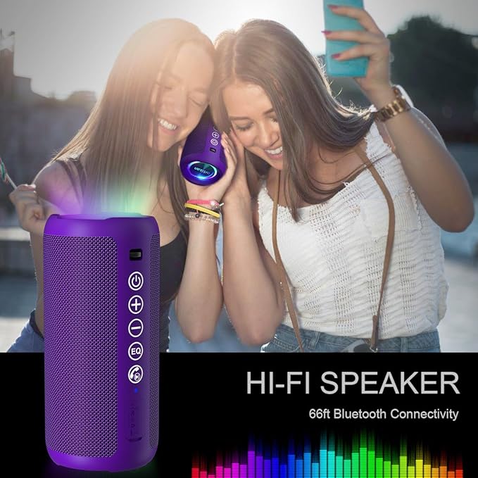Ortizan Portable Bluetooth Speaker: IPX7 Waterproof, 24W Loud Sound, Deep Bass, Bluetooth 5.3, LED Lights, Wireless Stereo Pairing, 30H Playtime, for Home/Outdoor/Party/Beach, Birthday Gift, Purple
