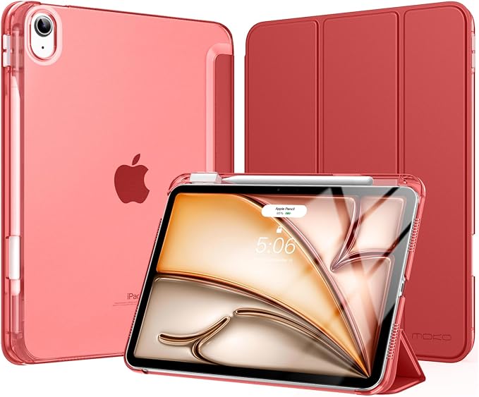 MoKo for iPad Air 11 inch Case (M4/M3/M2) 2026/2025/2024, iPad Air 5th/4th Gen 10.9 inch Case 2022/2020 with Pencil Holder, Slim Light Trifold Cover with Hard PC Translucent Back Shell, Touch ID, Red