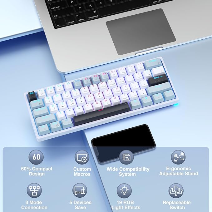 SOLAKAKA SK961 Wireless Mechanical Keyboard with RGB Backlight,Tri-Mode BT5.0/Wired/2.4GHz 60 Percent Wireless Gaming Keyboard,Red Switch