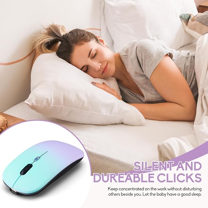 Wireless Bluetooth Mouse,LED Dual Mode Rechargeable Silent Slim Laptop Mouse,Portable(BT5.2+USB Receiver) Dual Mode Computer Mice,for Laptop,Desktop Computer,ipad Tablet,Phone,Mac(Green purple)