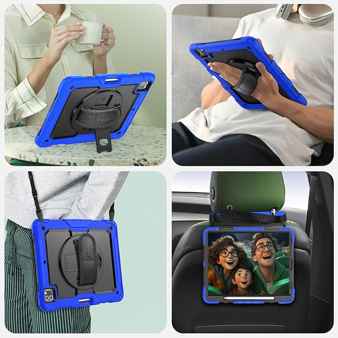 SEYMAC Case for iPad Pro 12.9 2022/2021/ 2020/2018, Heavy Duty Protection Shockproof Case with Screen Protector, 360° Rotating Stand/Handle/Shoulder Strap, Supports Pencil 2 Charging, Blue