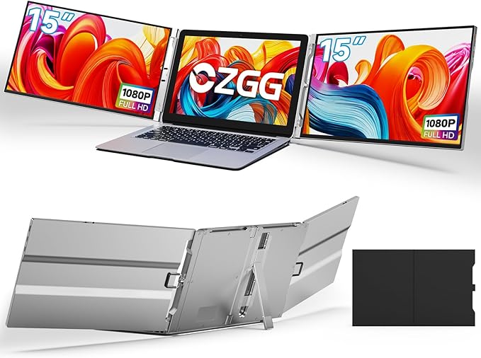 15'' Portable Laptop Screen Extender - Triple Monitor Setup, Dual 1080P FHD Displays, Aluminum Travel Monitor Multi Screen Attachment for 13.3-16.5'' Laptop with USB-C HDMI
