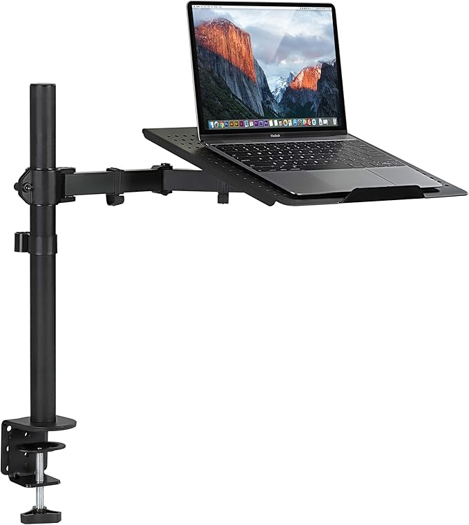 Mount-It! Laptop Desk Mount with Pole, Height Adjustable Laptop Stand Mount for Desk with Vented Tray, Full Motion Laptop Arm for 11–17 Inch Laptops, 22 lb Capacity, Clamp or Grommet Base