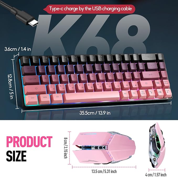 Guiheng Wired 60% Gaming Keyboard and Mouse Combo, Ultra-Compact 61 Keys RGB Backlit Mini Keyboard, Lightweight 3200 DPI Optical, Wired Gaming Set for Windows,PC, MAC PS5 Xbox Gamer(BlackBerry Pink)