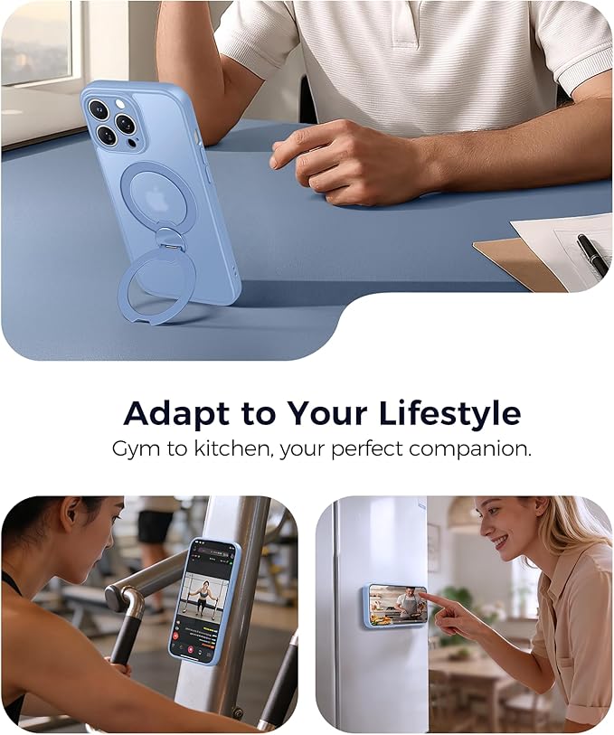 FNTCASE for iPhone 14 Pro-Max Case: [360 Spin Magnetic Stand] [Compatible with Magsafe] [Screen Protector] Translucent Matte Military Grade Shockproof Full Camera Protective Phone Cover - Light Blue