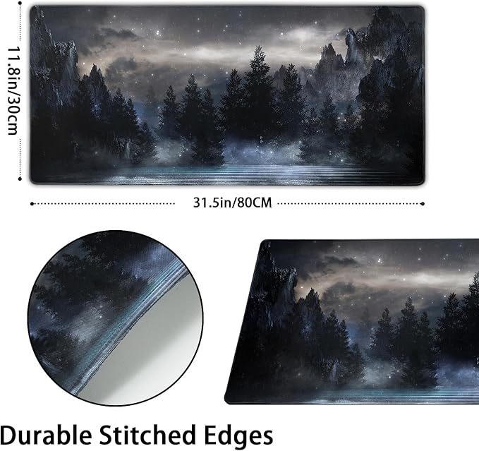 Forest Extra Large Black Gaming Mouse Pad Non-Slip Rubber Giant Mountain Mousepad 31.5x11.8in with Stitched Edge Waterproof Keyboard Pads Computer Desk Laptop Mat for Work Game Office Home