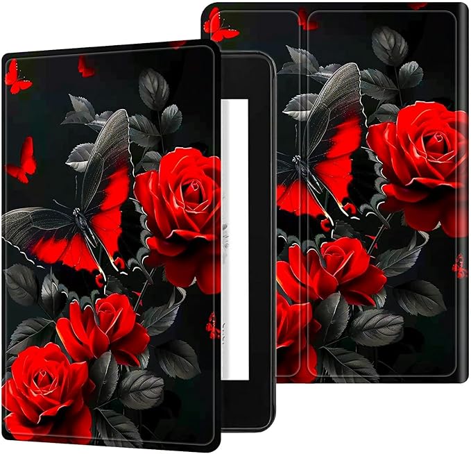 for Kindle Scribe 10.2 Inch 2022/2024 Released Tablet Case, Slim Kickstand Stand Leather Smart Cover with Auto Wake/Sleep, Red Rose Butterfly