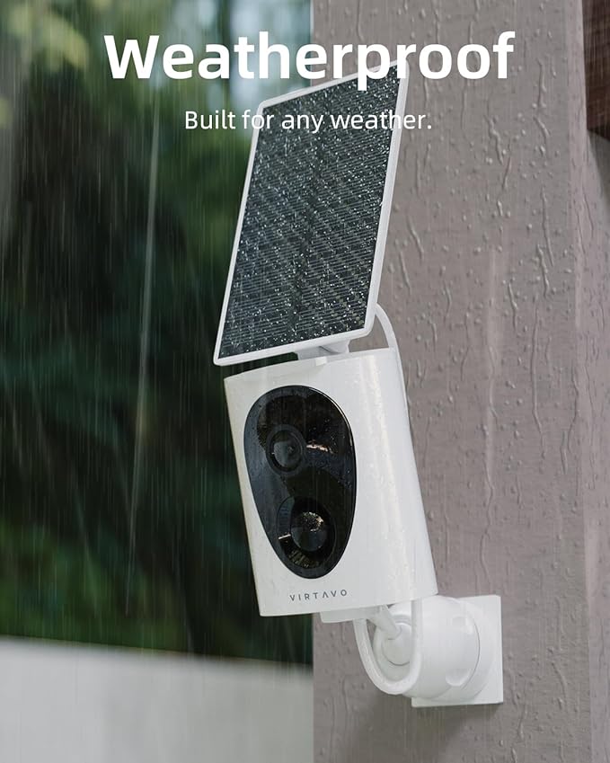 VIRTAVO Wireless Solar Security Camera Outdoor, 2K Starlight Color Night Vision, PIR Motion Detection, Battery Powered, 2-Way Audio, Weatherproof, Cloud/SD Storage, 2.4GHz WiFi, No Monthly Fee