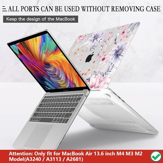 CISSOOK Flower Case for MacBook Air 13.6 Inch M5 M4 M3 M2 Chip Model A3449 A3240 A3113 A2681, Plastic Shell Cover with Keyboard Cover Screen Protector for MacBook Air 13 2022-2026, Flowers Watercolor