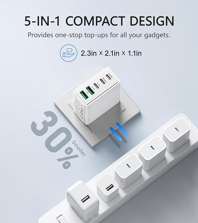 2Pack USB C Fast Charger Block,50W 5-Port USB Wall Charger Brick,2 USB A & 3 USB C PD3.0 Power Adapter Multiport Type C Charging Plug for iPhone 17/16/15/14,Pad Mini/Pro,AirPods 4,GalaxyS25(White)