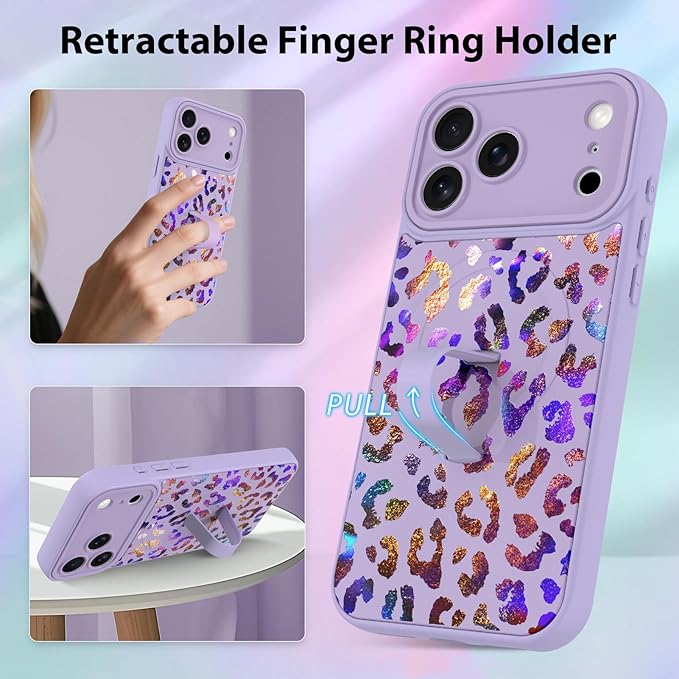 KANGHAR Compatible with iPhone 17 Pro Max Case, Support for MagSafe, Silicone Cute Iridescent Leopard Cheetah Pattern, Wristband Kickstand Shockproof Protective Slim Cover for Women Girls, Purple
