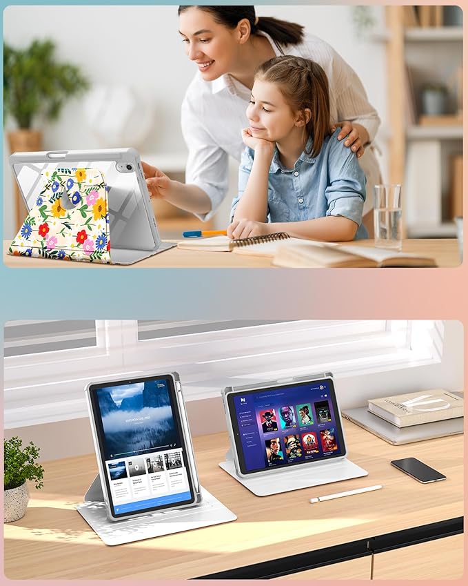 Uppuppy for iPad mini 7 Case (A17 Pro) for iPad mini 6th Generation Case - 360 Rotating Stand Folio Smart Cover with Pencil Holder for Women Girls, Cat & Flowers for Apple Tablet Mini 8.3” 2024/2021