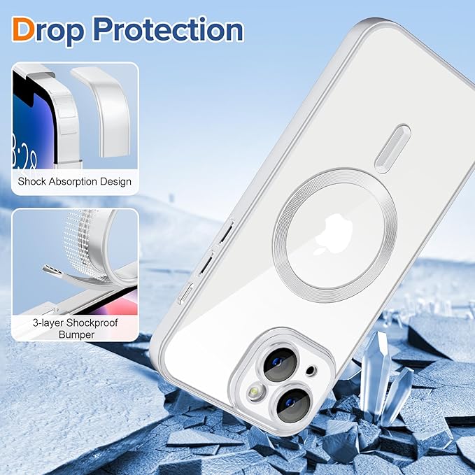Hython Magnetic Clear for iPhone 14 Case with Camera Lens Protector [Compatible with MagSafe] Luxury Plating Edge Slim Soft TPU Cover Protective Phone Case for iPhone 14 6.1", Matte Silver