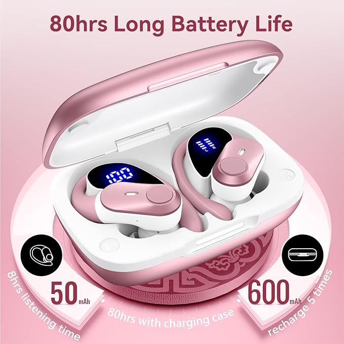 Active Noise Cancelling Wireless Earbuds Bluetooth Headphones 80H Playtime Ear Buds with Power Display Case Hi-Res Sound & Clear Calls Over Ear Hooks Earphones for Sports Running Gym Workout Rose Gold