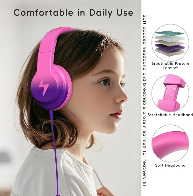 Candy Bila Kids Headphones, Wired Headphones for Kids Over Ear with Microphone, 85/94dB Volume Limiter Headphone for Girls Boys, Foldable Headphone for Learning, Deep Purple and Pink