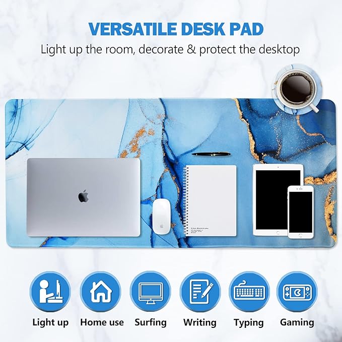 AIMSA Extended Gaming Mouse Pad, XL Large Keyboard Mouse Mat Desk Pad with Stitched Edges, Durable Non-Slip Base Mousepad for Home Office Work, 35x15.7inch,Blue Marble