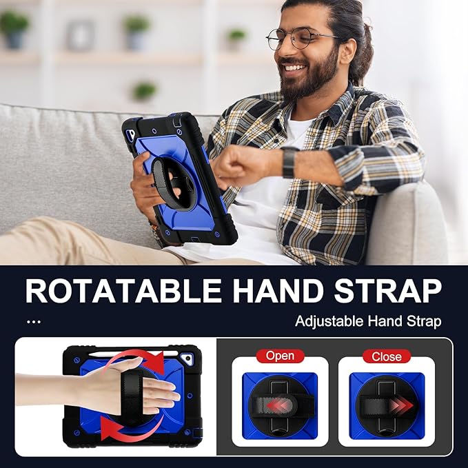 for iPad 6th Generation/iPad 5th Gen/iPad Air 2/iPad Pro 9.7" Case with Cute Key Chain, Rugged Protective Case with Rotating Stand & Shoulder Hand Strap for iPad 6th/5th/ Air 2 (Black+Blue)