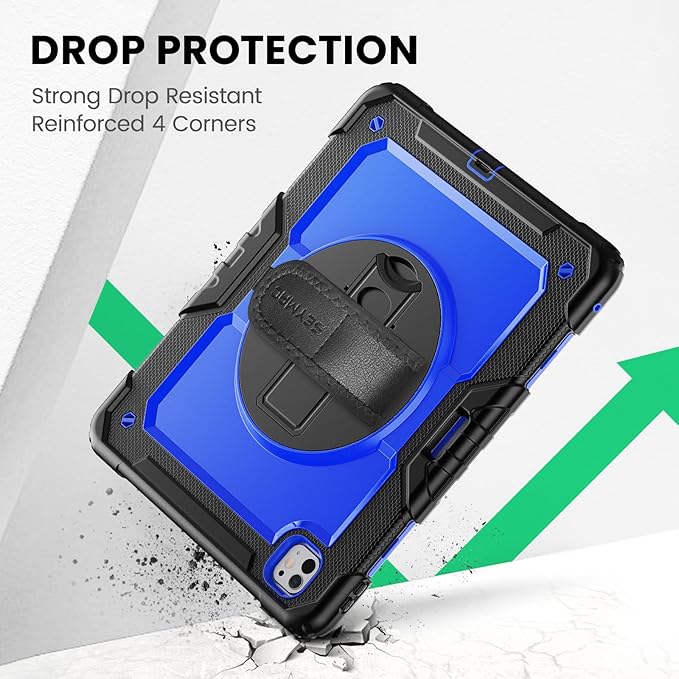 SEYMAC Case for iPad Pro 13 Inch M5 2025 / M4 2024, Heavy Duty Shockproof Protective Case with Screen Protector, 360° Rotating Stand, Hand/Shoulder Strap and Pen Holder, Blue